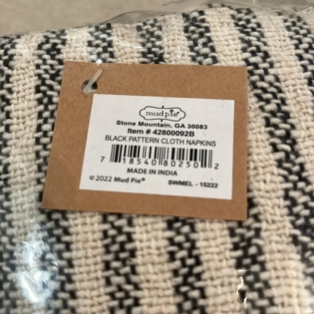 Mud Pie Black Pattern Napkin Set/Set of Four/NWT